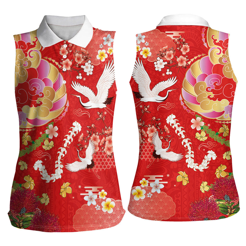 Hawaiian and Japanese Culture Together Women Sleeveless Polo Shirt Kakau Tribal Pattern and Irezumi Art Red Color