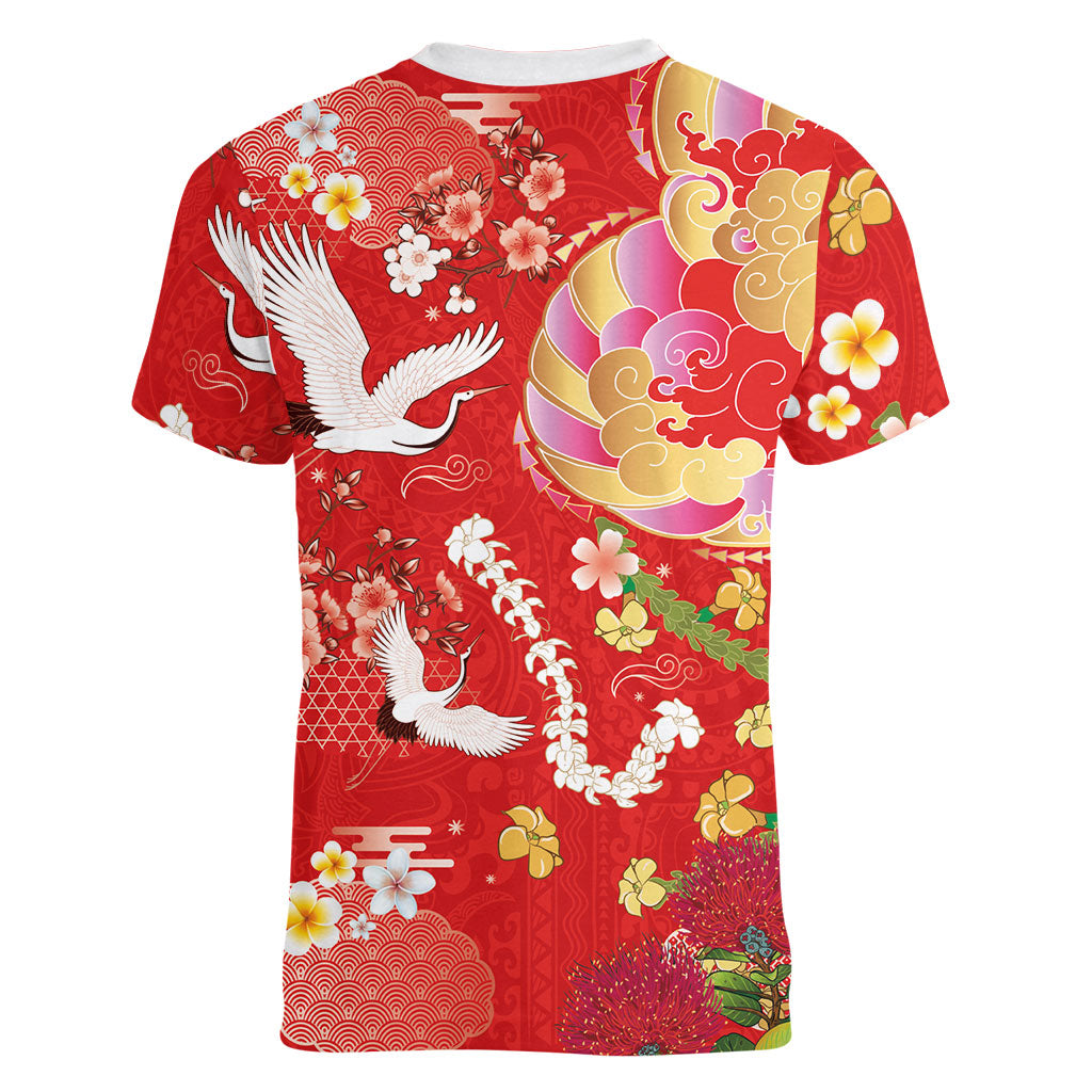 Hawaiian and Japanese Culture Together Women V-Neck T-Shirt Kakau Tribal Pattern and Irezumi Art Red Color