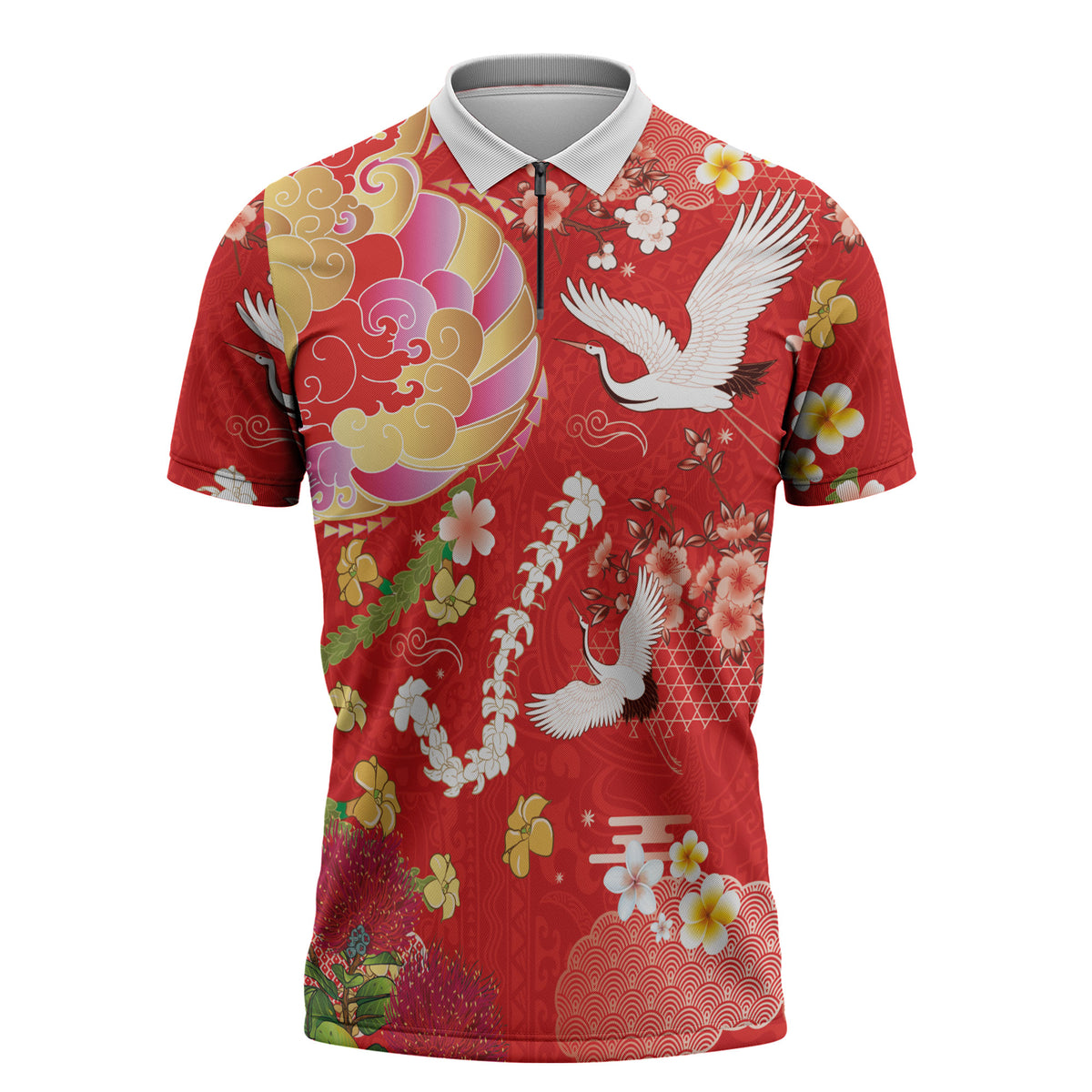 Hawaiian and Japanese Culture Together Zipper Polo Shirt Kakau Tribal Pattern and Irezumi Art Red Color