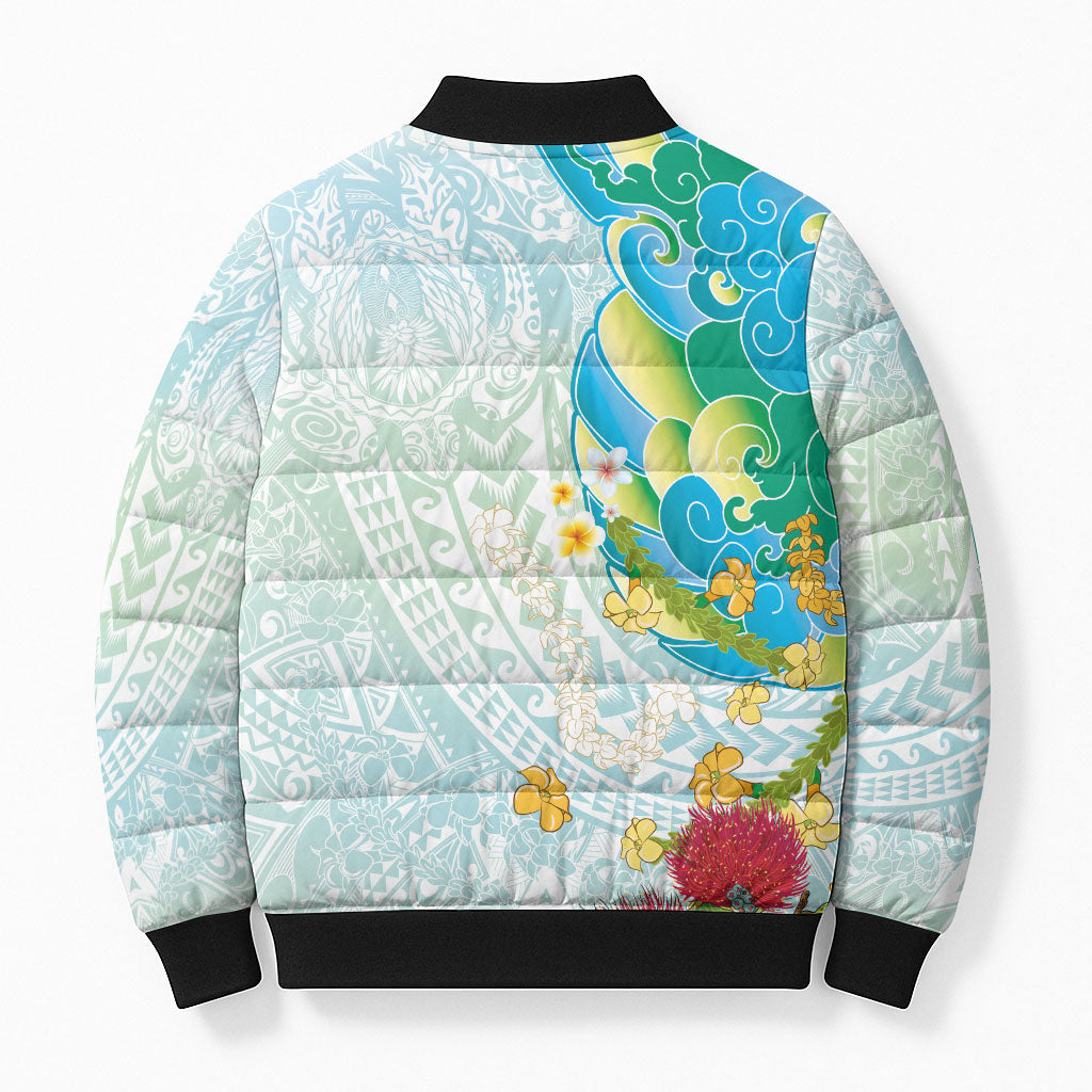 Japanese and Hawaiian Culture Fusion Bomber Puffer Jacket Irezumi with Turtles and Lei Kakau Pattern Fresh Vibe LT03 - Polynesian Pride