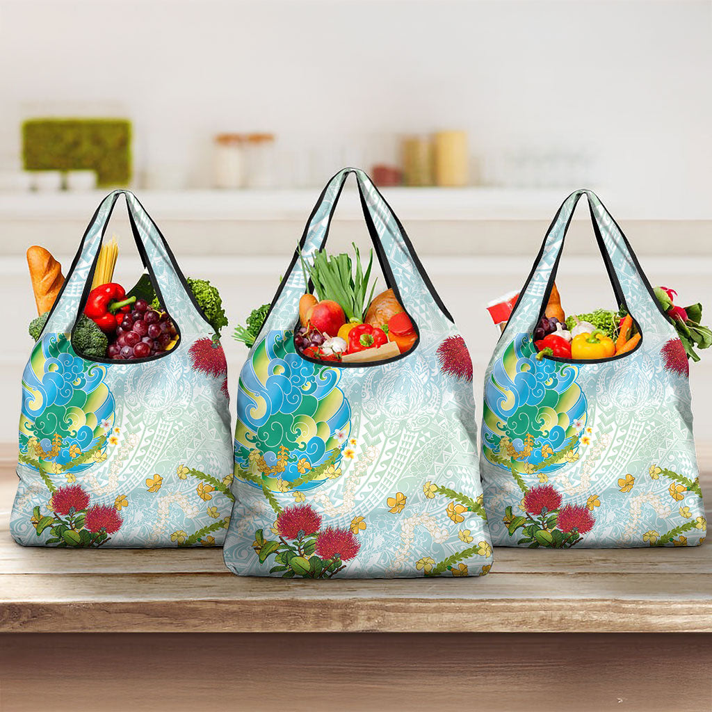 Japanese and Hawaiian Culture Fusion Grocery Bag Irezumi with Turtles and Lei Kakau Pattern Fresh Vibe LT03 3-pack One Size Multicolor - Polynesian Pride