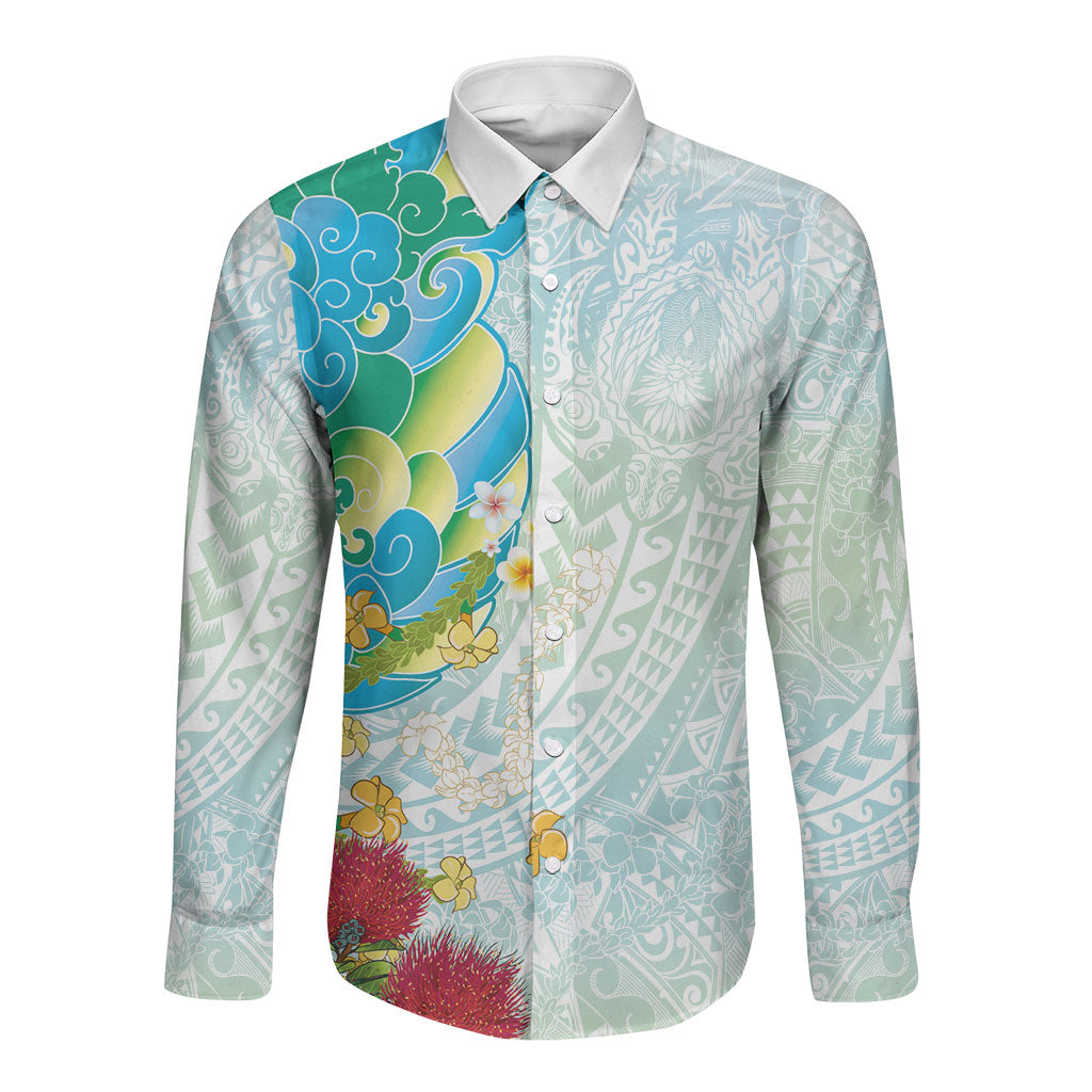 Japanese and Hawaiian Culture Fusion Long Sleeve Button Shirt Irezumi with Turtles and Lei Kakau Pattern Fresh Vibe LT03 Unisex Multicolor - Polynesian Pride
