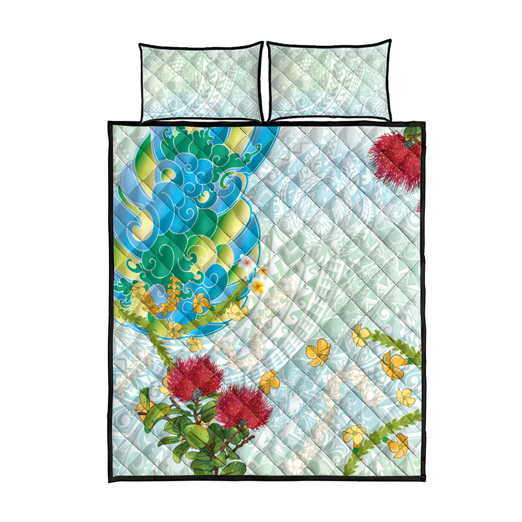 Japanese and Hawaiian Culture Fusion Quilt Bed Set Irezumi with Turtles and Lei Kakau Pattern Fresh Vibe LT03 - Polynesian Pride