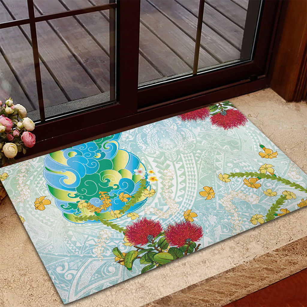 Japanese and Hawaiian Culture Fusion Rubber Doormat Irezumi with Turtles and Lei Kakau Pattern Fresh Vibe LT03 - Polynesian Pride