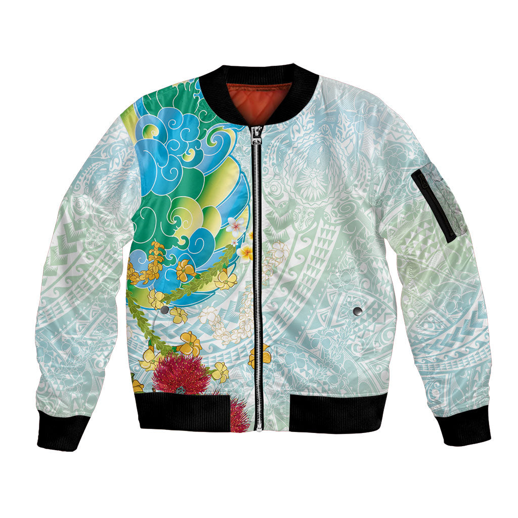 Japanese and Hawaiian Culture Fusion Sleeve Zip Bomber Jacket Irezumi with Turtles and Lei Kakau Pattern Fresh Vibe LT03 Unisex Multicolor - Polynesian Pride