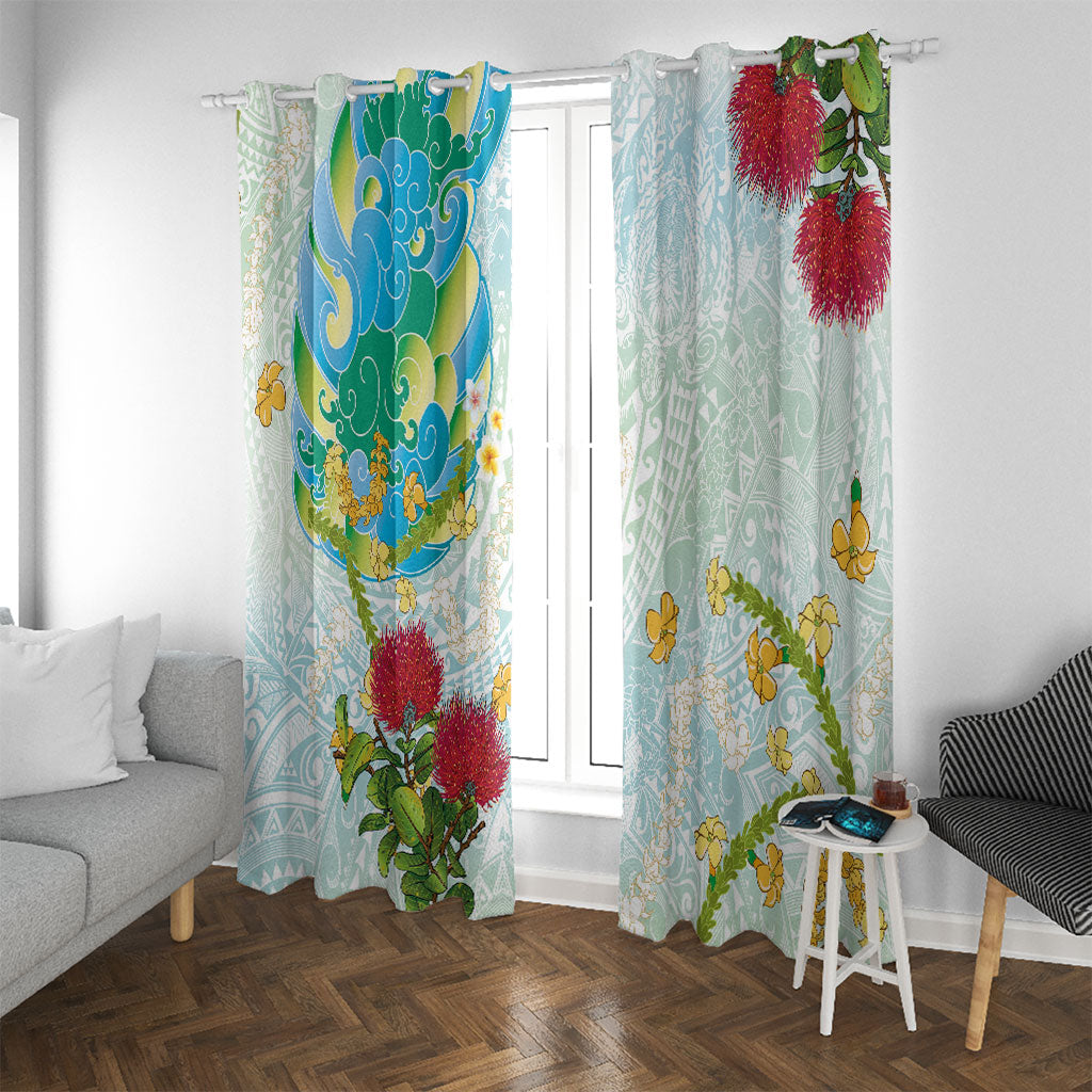 Japanese and Hawaiian Culture Fusion Window Curtain Irezumi with Turtles and Lei Kakau Pattern Fresh Vibe LT03 With Grommets Multicolor - Polynesian Pride
