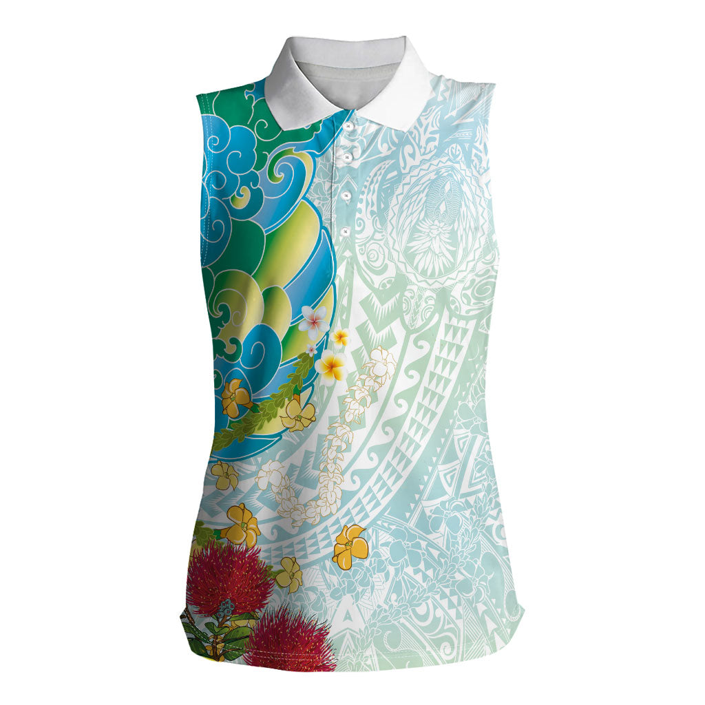 Japanese and Hawaiian Culture Fusion Women Sleeveless Polo Shirt Irezumi with Turtles and Lei Kakau Pattern Fresh Vibe LT03 Female Multicolor - Polynesian Pride