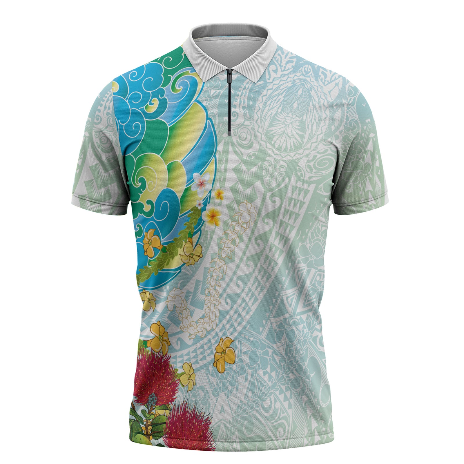 Japanese and Hawaiian Culture Fusion Zipper Polo Shirt Irezumi with Turtles and Lei Kakau Pattern Fresh Vibe LT03 Multicolor - Polynesian Pride