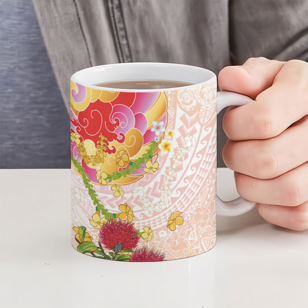 Japanese and Hawaiian Culture Fusion Ceramic Mug Irezumi with Turtles and Lei Kakau Pattern Sunset Vibe LT03 - Polynesian Pride