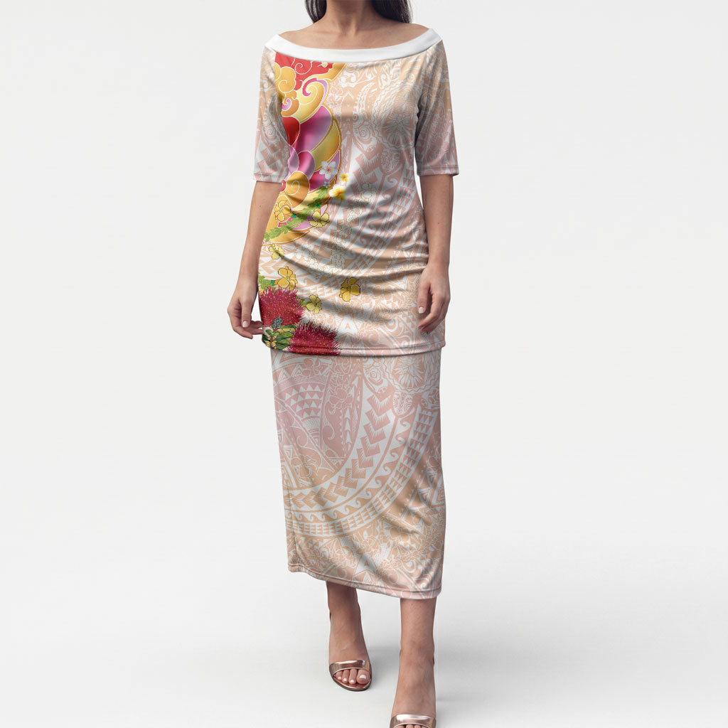 Japanese and Hawaiian Culture Fusion Puletasi Irezumi with Turtles and Lei Kakau Pattern Sunset Vibe LT03 Long Dress Multicolor - Polynesian Pride
