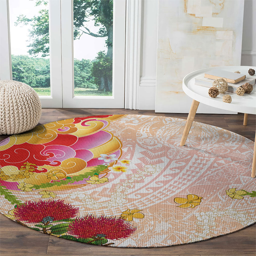 Japanese and Hawaiian Culture Fusion Round Carpet Irezumi with Turtles and Lei Kakau Pattern Sunset Vibe LT03 - Polynesian Pride