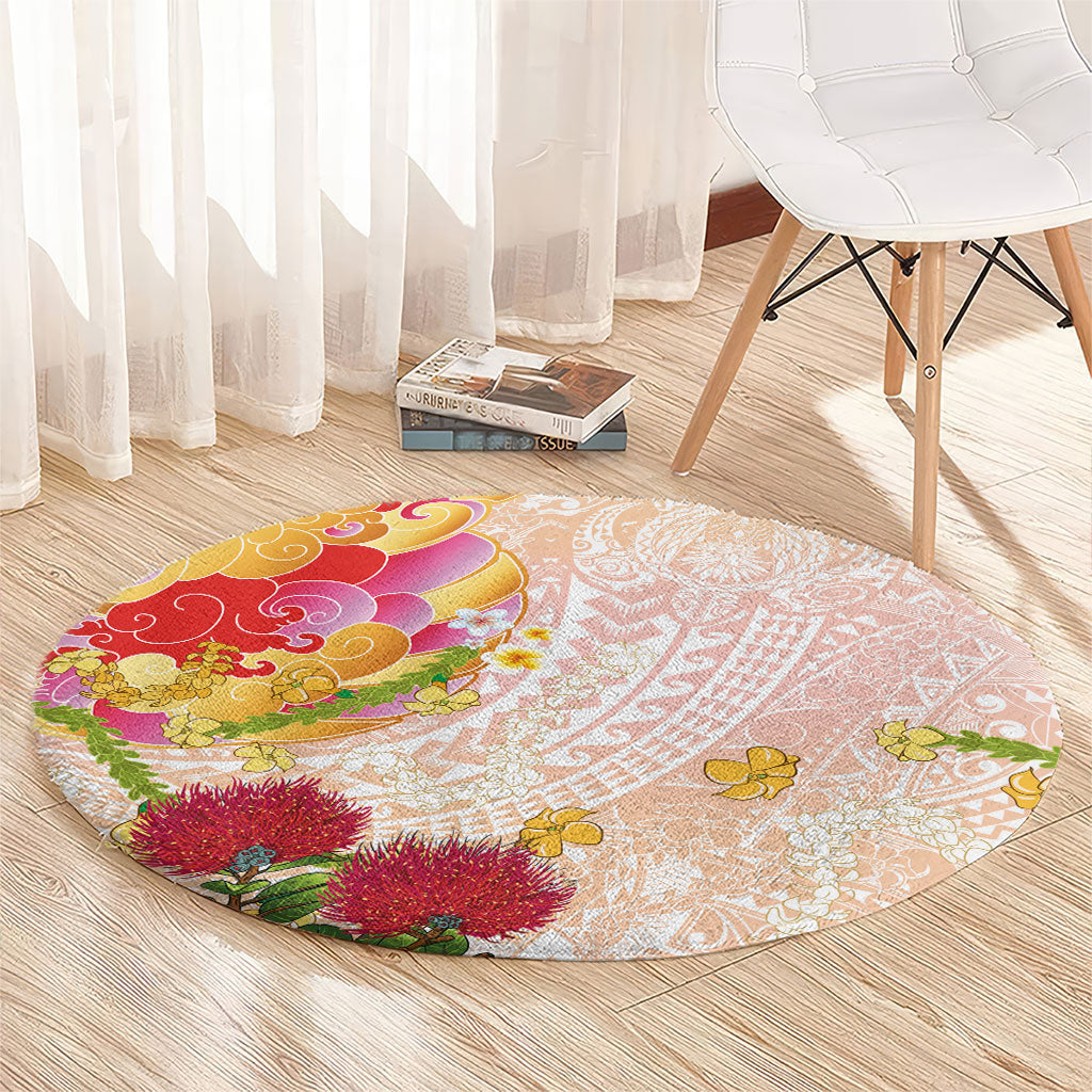 Japanese and Hawaiian Culture Fusion Round Carpet Irezumi with Turtles and Lei Kakau Pattern Sunset Vibe LT03 - Polynesian Pride