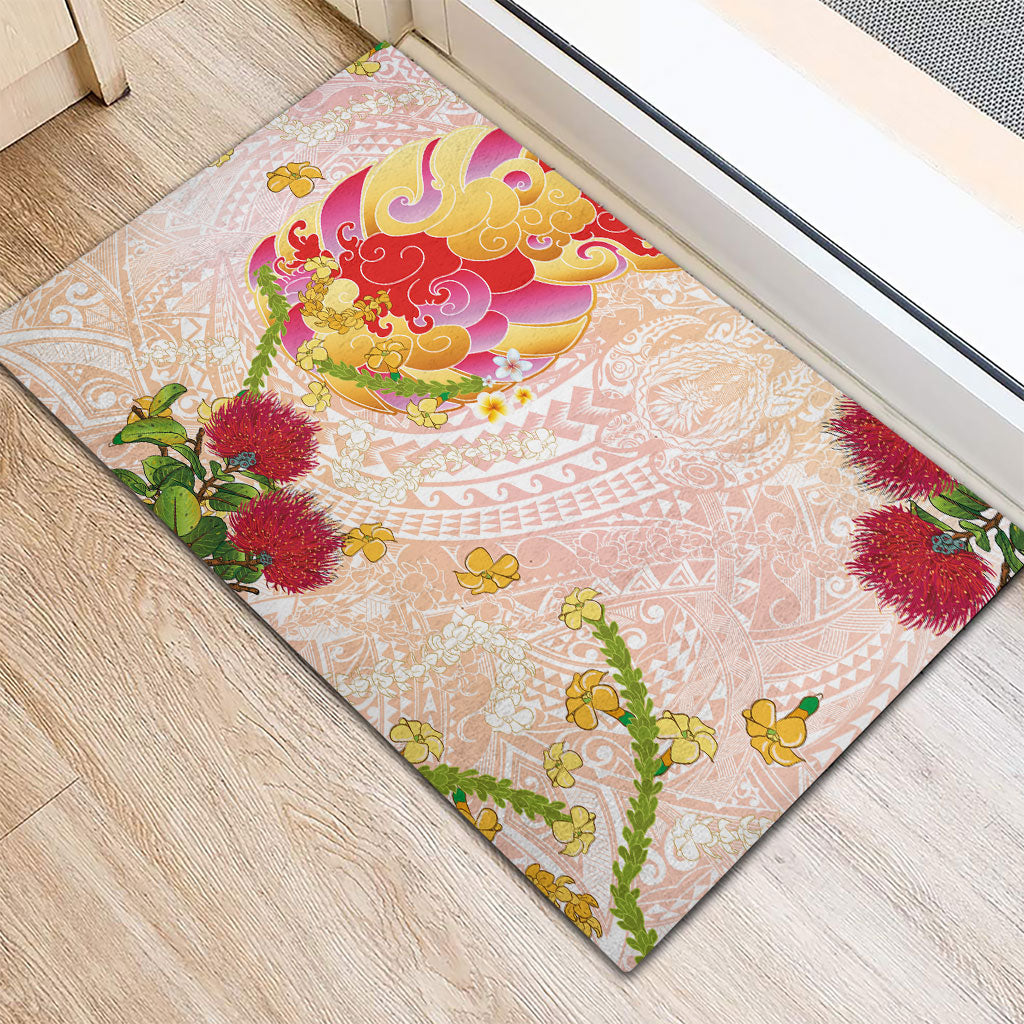 Japanese and Hawaiian Culture Fusion Rubber Doormat Irezumi with Turtles and Lei Kakau Pattern Sunset Vibe LT03 - Polynesian Pride
