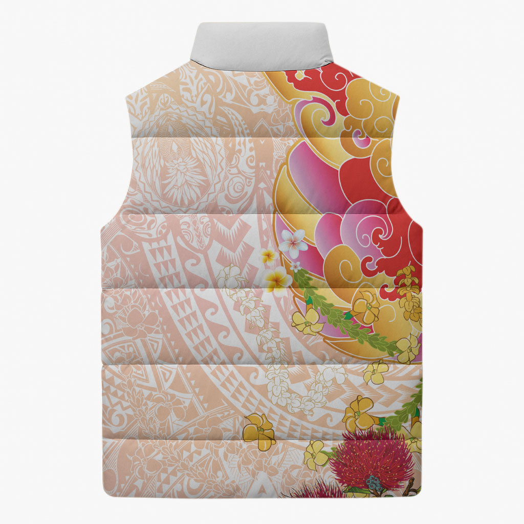 Japanese and Hawaiian Culture Fusion Sleeveless Puffer Jacket Irezumi with Turtles and Lei Kakau Pattern Sunset Vibe LT03 - Polynesian Pride