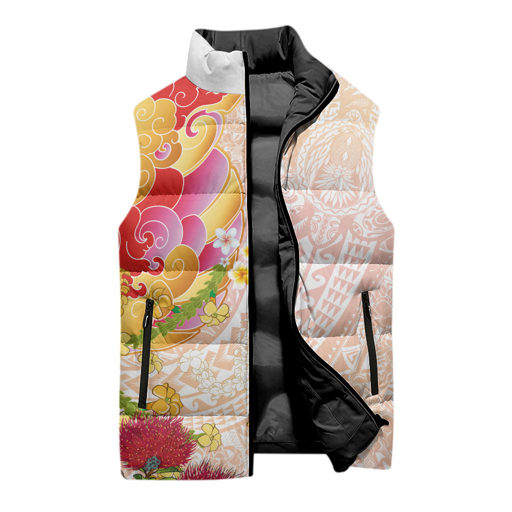 Japanese and Hawaiian Culture Fusion Sleeveless Puffer Jacket Irezumi with Turtles and Lei Kakau Pattern Sunset Vibe LT03 - Polynesian Pride