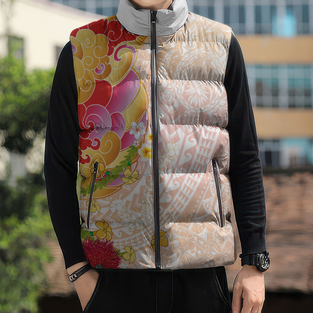 Japanese and Hawaiian Culture Fusion Sleeveless Puffer Jacket Irezumi with Turtles and Lei Kakau Pattern Sunset Vibe LT03 - Polynesian Pride