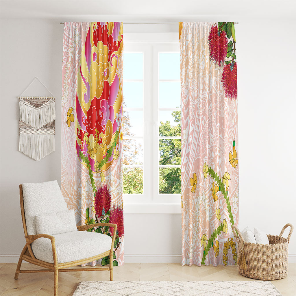 Japanese and Hawaiian Culture Fusion Window Curtain Irezumi with Turtles and Lei Kakau Pattern Sunset Vibe LT03 - Polynesian Pride