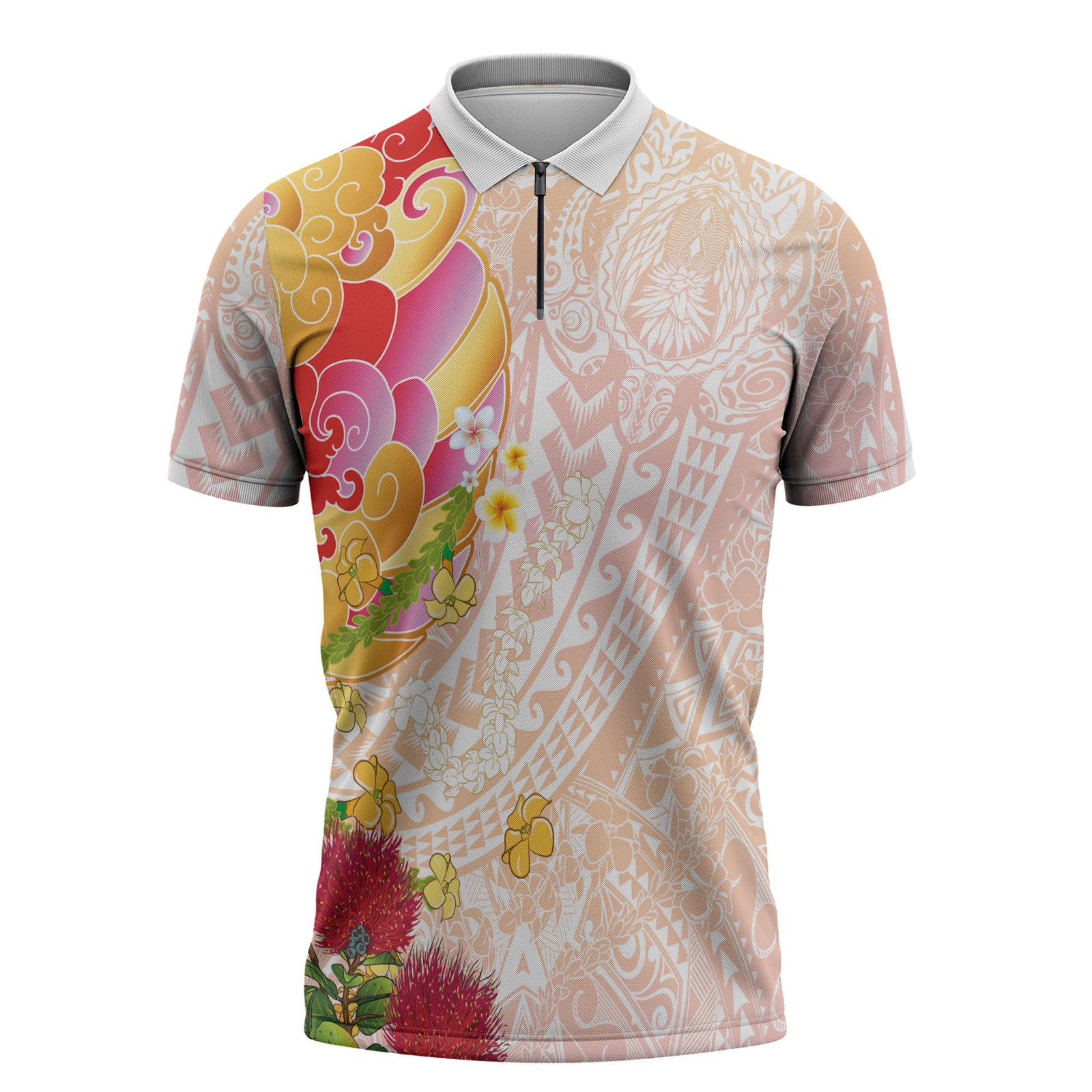 Japanese and Hawaiian Culture Fusion Zipper Polo Shirt Irezumi with Turtles and Lei Kakau Pattern Sunset Vibe LT03 Multicolor - Polynesian Pride