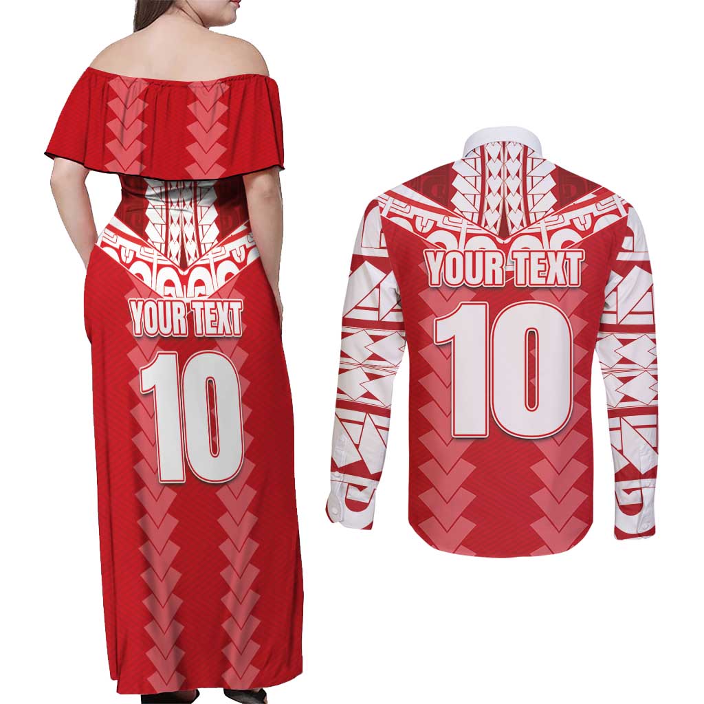 Custom Tahiti Football Polynesian Pattern Couples Matching Off Shoulder Maxi Dress and Long Sleeve Button Shirt