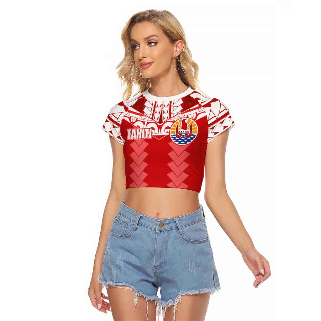 Custom Tahiti Football Polynesian Pattern Raglan Cropped T Shirt LT03 Female Red - Polynesian Pride