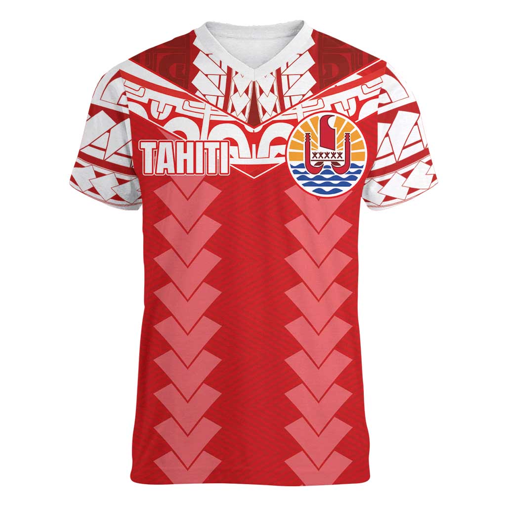 Custom Tahiti Football Polynesian Pattern Women V-Neck T-Shirt LT03 Female Red - Polynesian Pride