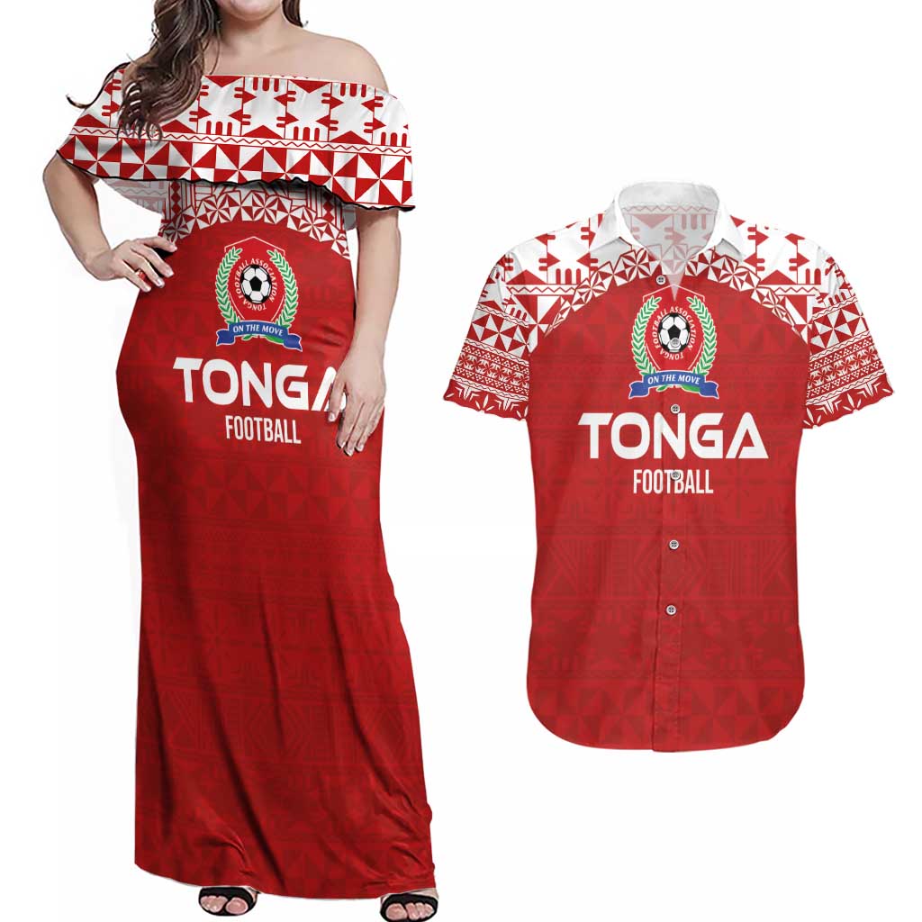 Custom Tonga Football Ngatu Tribal Tattoo Couples Matching Off Shoulder Maxi Dress and Hawaiian Shirt LT03 Red - Polynesian Pride