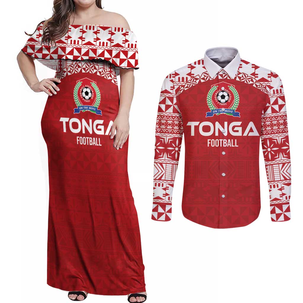 Custom Tonga Football Ngatu Tribal Tattoo Couples Matching Off Shoulder Maxi Dress and Long Sleeve Button Shirt