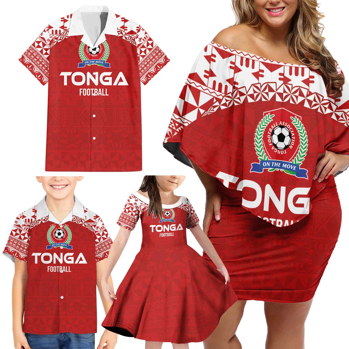 Custom Tonga Football Ngatu Tribal Tattoo Family Matching Off Shoulder Short Dress and Hawaiian Shirt