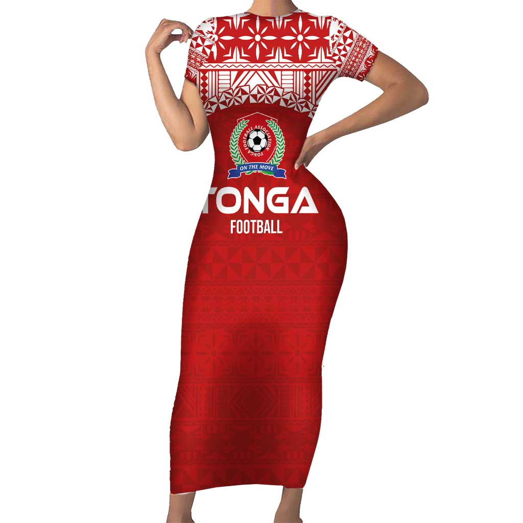 Custom Tonga Football Ngatu Tribal Tattoo Short Sleeve Bodycon Dress