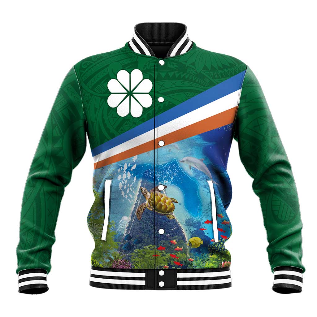 Marshall Islands Kwajalein Atoll Baseball Jacket Polynesian Pattern and Undersea Animals LT03 Unisex Blue - Polynesian Pride