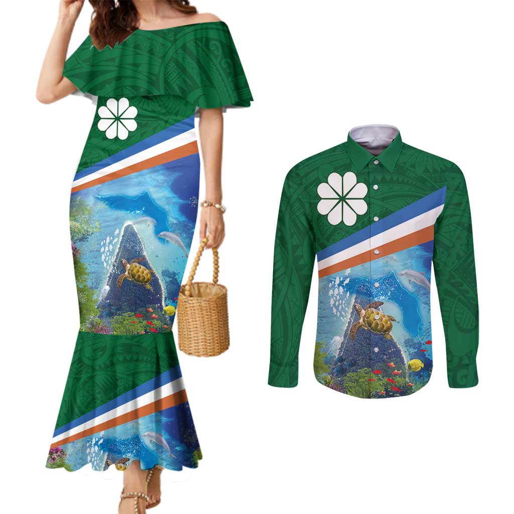 Marshall Islands Kwajalein Atoll Couples Matching Mermaid Dress and Long Sleeve Button Shirt Polynesian Pattern and Undersea Animals