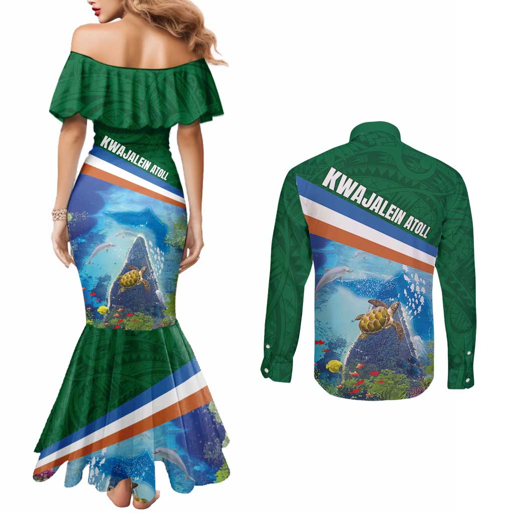 Marshall Islands Kwajalein Atoll Couples Matching Mermaid Dress and Long Sleeve Button Shirt Polynesian Pattern and Undersea Animals