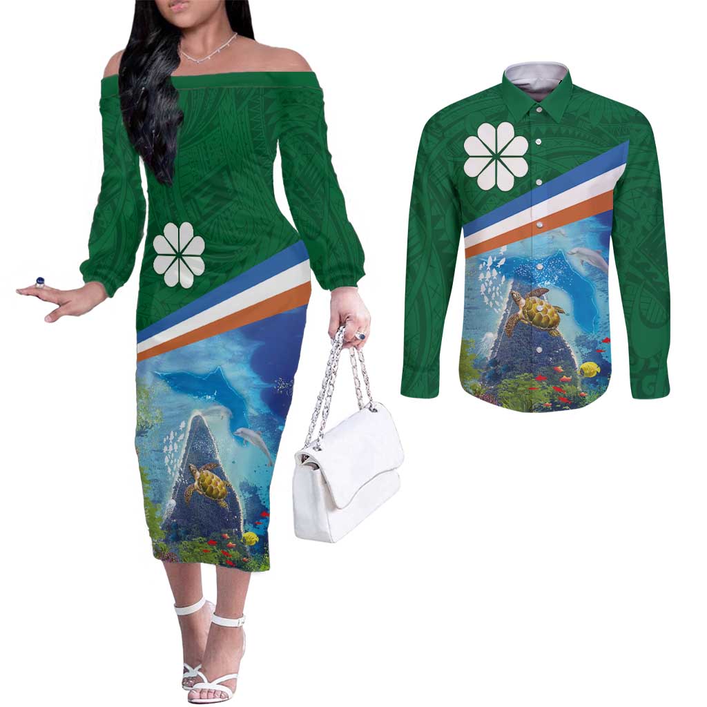 Marshall Islands Kwajalein Atoll Couples Matching Off The Shoulder Long Sleeve Dress and Long Sleeve Button Shirt Polynesian Pattern and Undersea Animals