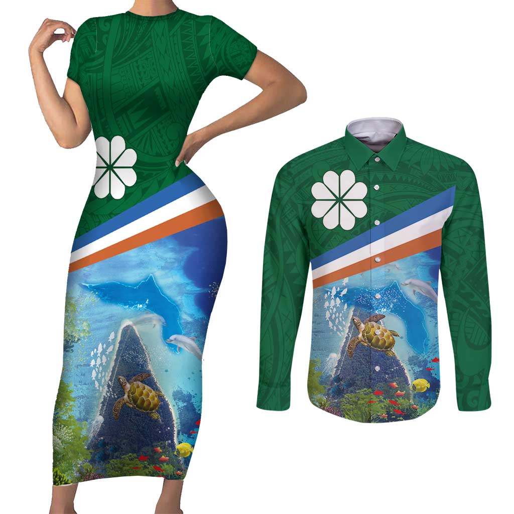 Marshall Islands Kwajalein Atoll Couples Matching Short Sleeve Bodycon Dress and Long Sleeve Button Shirt Polynesian Pattern and Undersea Animals