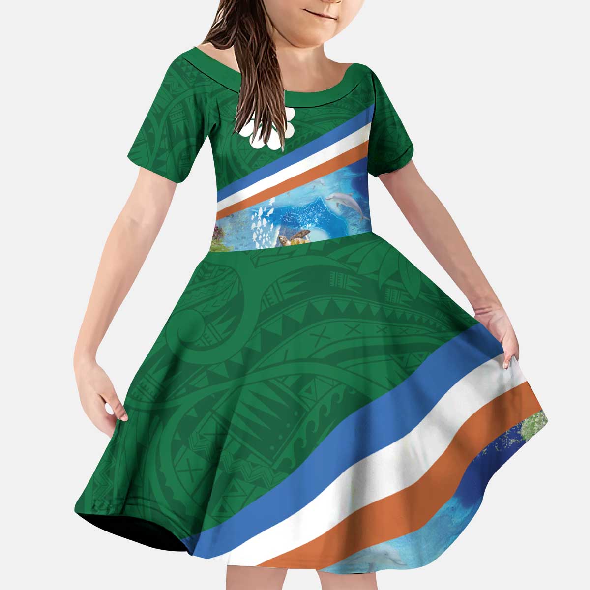 Marshall Islands Kwajalein Atoll Kid Short Sleeve Dress Polynesian Pattern and Undersea Animals LT03 KID Blue - Polynesian Pride