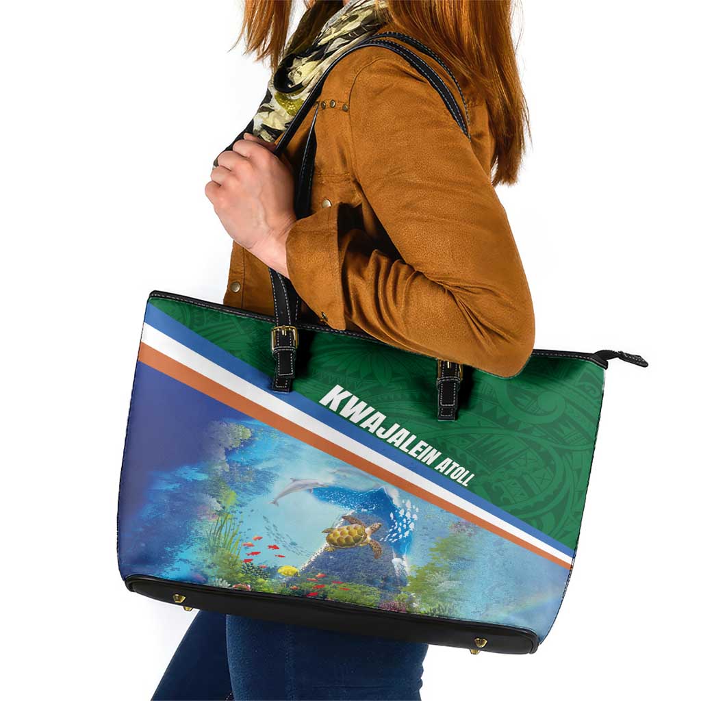 Marshall Islands Kwajalein Atoll Leather Tote Bag Polynesian Pattern and Undersea Animals LT03 Blue - Polynesian Pride
