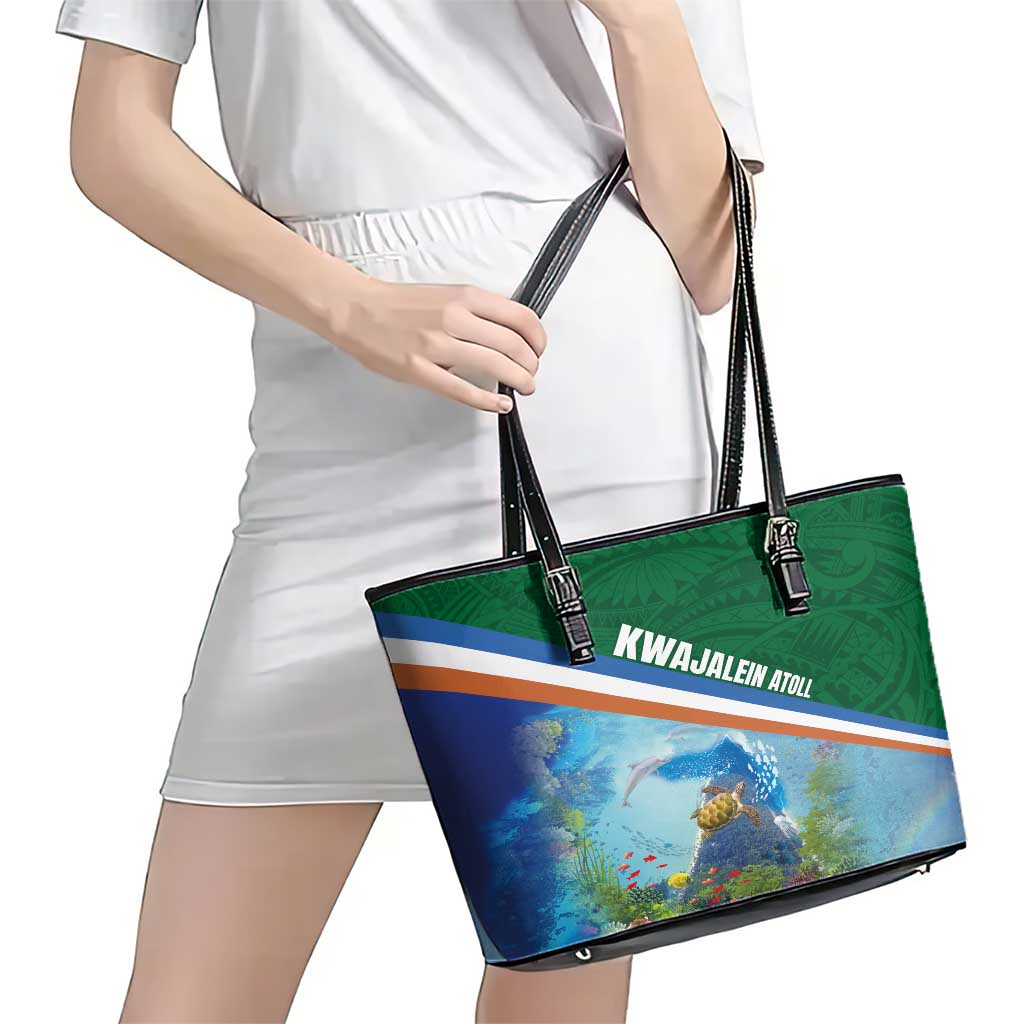 Marshall Islands Kwajalein Atoll Leather Tote Bag Polynesian Pattern and Undersea Animals LT03 - Polynesian Pride