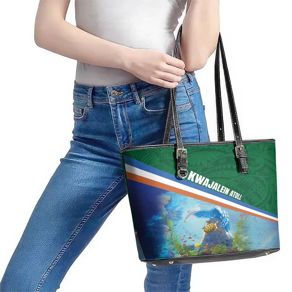 Marshall Islands Kwajalein Atoll Leather Tote Bag Polynesian Pattern and Undersea Animals LT03 - Polynesian Pride