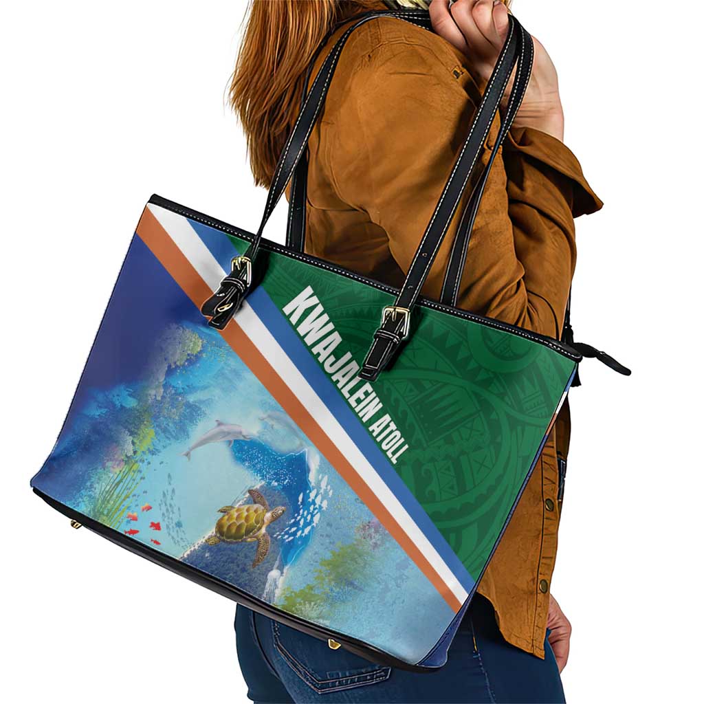 Marshall Islands Kwajalein Atoll Leather Tote Bag Polynesian Pattern and Undersea Animals LT03 - Polynesian Pride