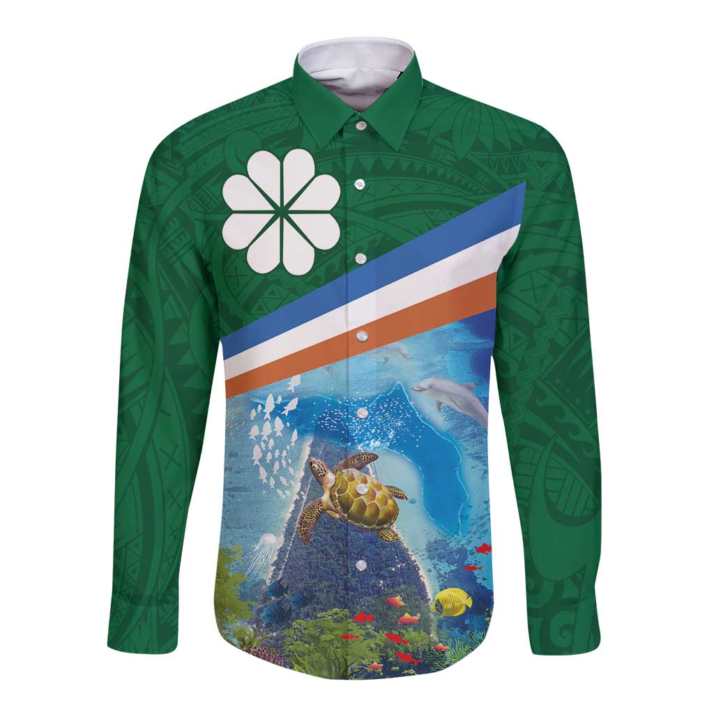 Marshall Islands Kwajalein Atoll Long Sleeve Button Shirt Polynesian Pattern and Undersea Animals LT03 Unisex Blue - Polynesian Pride