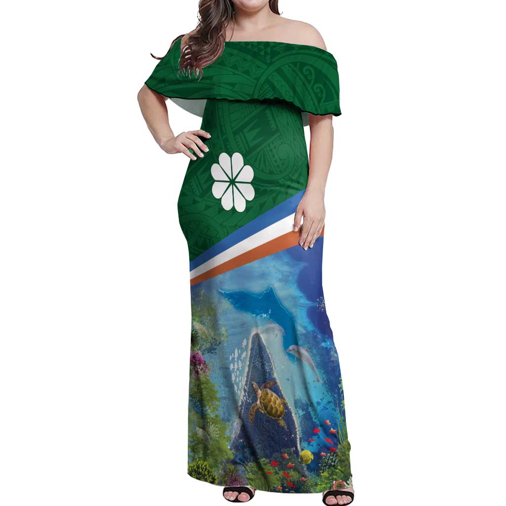 Marshall Islands Kwajalein Atoll Off Shoulder Maxi Dress Polynesian Pattern and Undersea Animals LT03 Women Blue - Polynesian Pride