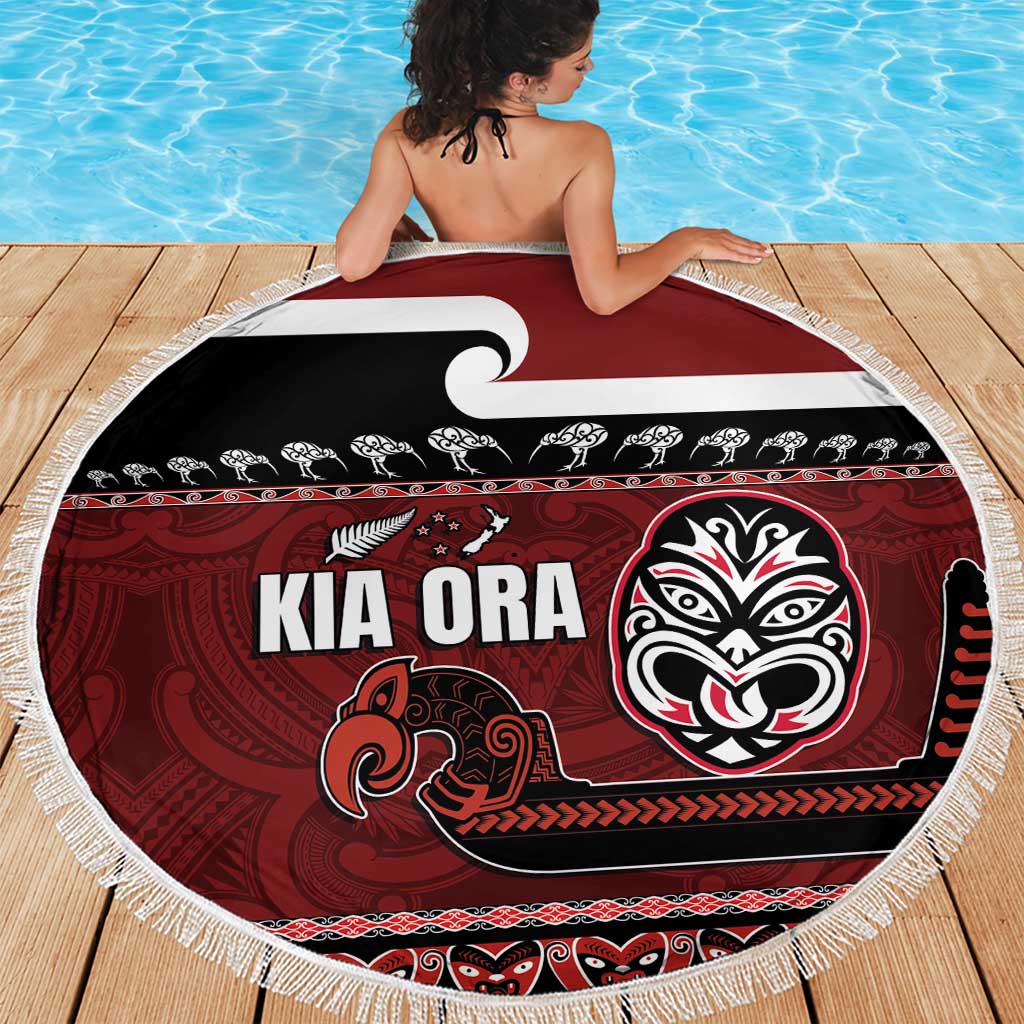 New Zealand Culture Beach Blanket Kia Ora Aotearoa Moko Tattoo Mask with Waka and Maori Art Pattern