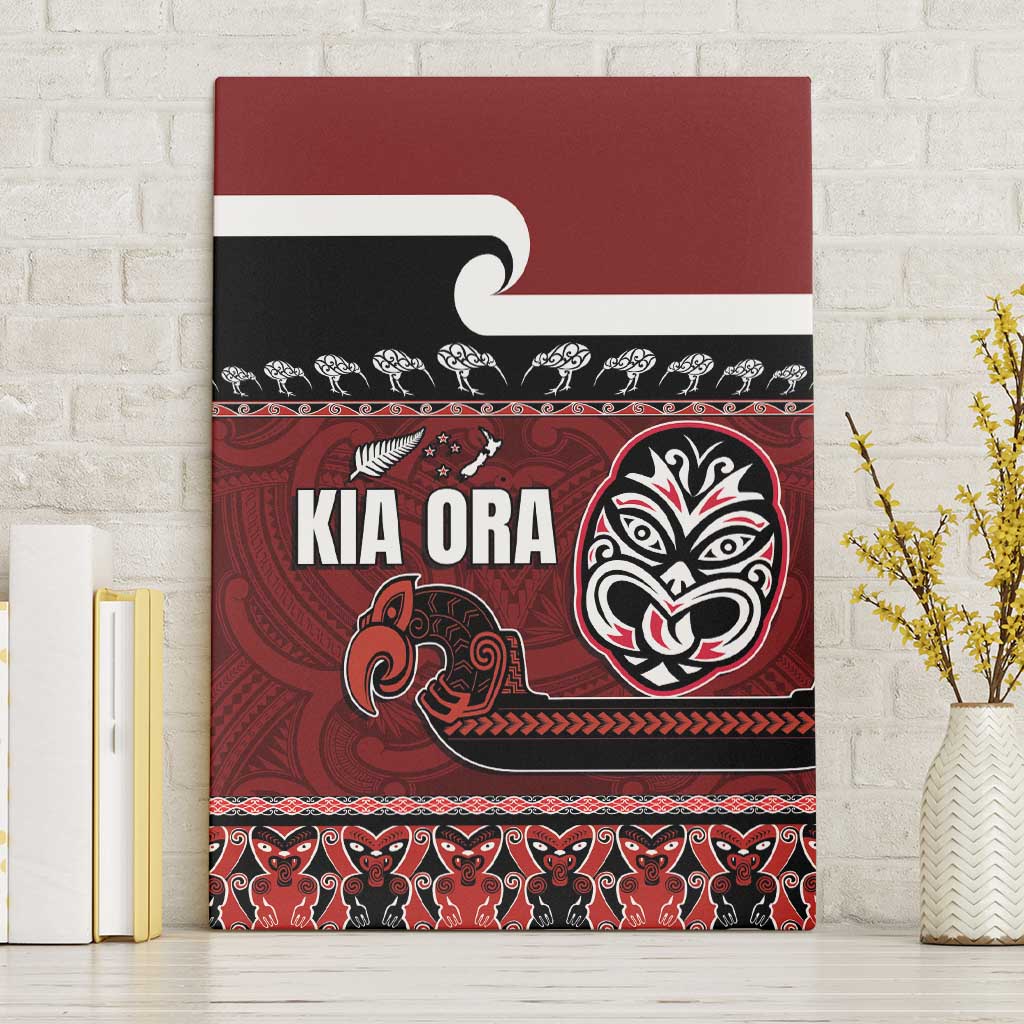 New Zealand Culture Canvas Wall Art Kia Ora Aotearoa Moko Tattoo Mask with Waka and Maori Art Pattern