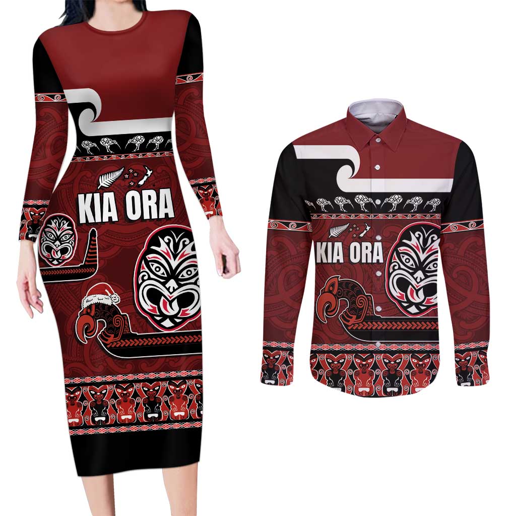New Zealand Culture Couples Matching Long Sleeve Bodycon Dress and Long Sleeve Button Shirt Kia Ora Aotearoa Moko Tattoo Mask with Waka and Maori Art Pattern