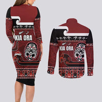 New Zealand Culture Couples Matching Long Sleeve Bodycon Dress and Long Sleeve Button Shirt Kia Ora Aotearoa Moko Tattoo Mask with Waka and Maori Art Pattern