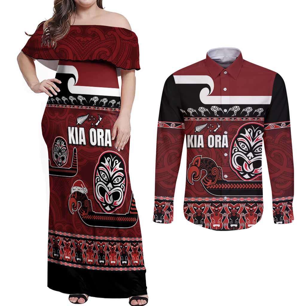 New Zealand Culture Couples Matching Off Shoulder Maxi Dress and Long Sleeve Button Shirt Kia Ora Aotearoa Moko Tattoo Mask with Waka and Maori Art Pattern