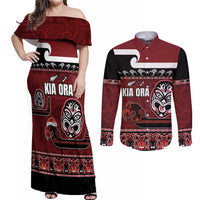 New Zealand Culture Couples Matching Off Shoulder Maxi Dress and Long Sleeve Button Shirt Kia Ora Aotearoa Moko Tattoo Mask with Waka and Maori Art Pattern