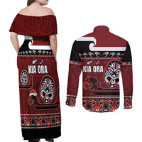 New Zealand Culture Couples Matching Off Shoulder Maxi Dress and Long Sleeve Button Shirt Kia Ora Aotearoa Moko Tattoo Mask with Waka and Maori Art Pattern