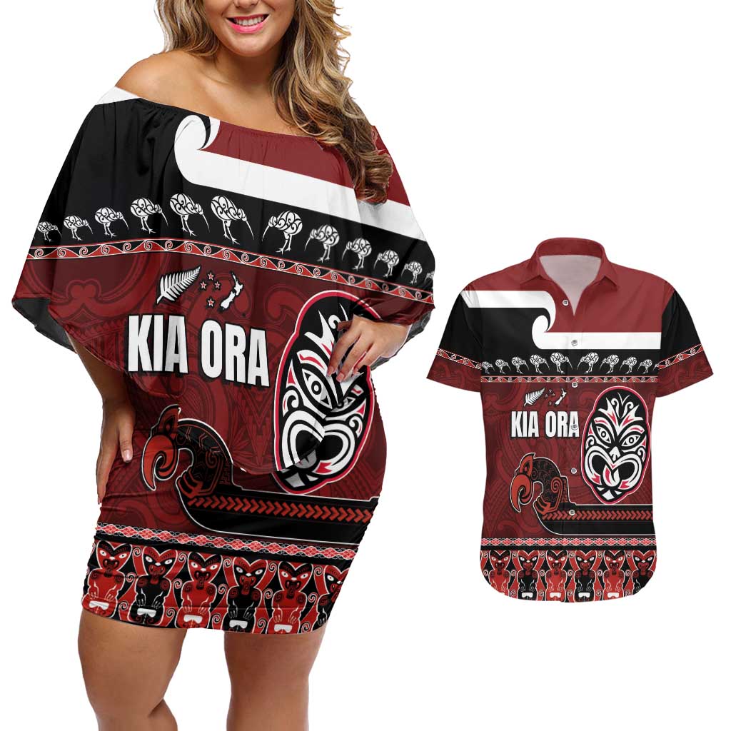 New Zealand Culture Couples Matching Off Shoulder Short Dress and Hawaiian Shirt Kia Ora Aotearoa Moko Tattoo Mask with Waka and Maori Art Pattern