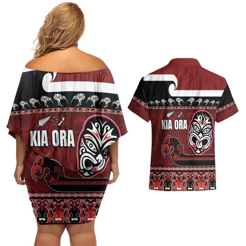 New Zealand Culture Couples Matching Off Shoulder Short Dress and Hawaiian Shirt Kia Ora Aotearoa Moko Tattoo Mask with Waka and Maori Art Pattern